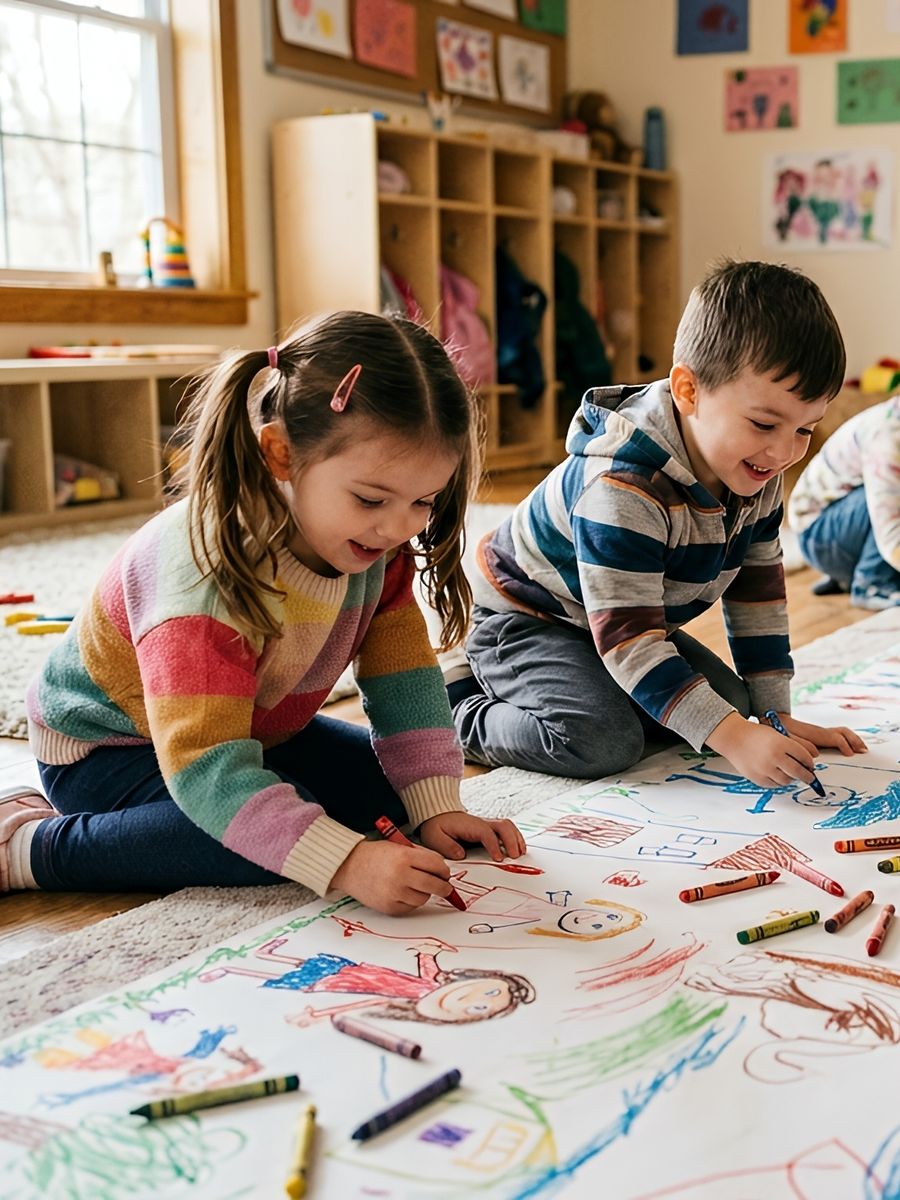Two children smiling as they draw with crayons on a large sheet of paper