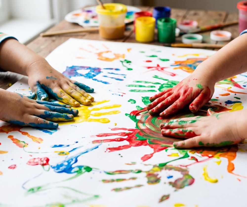 Children's paint-covered hands making colourful handprints on a large sheet of paper